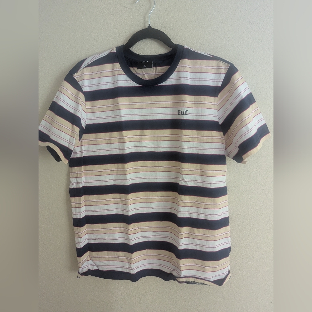 HUF Striped Short Sleeve Tee in Navy, Beige, and White